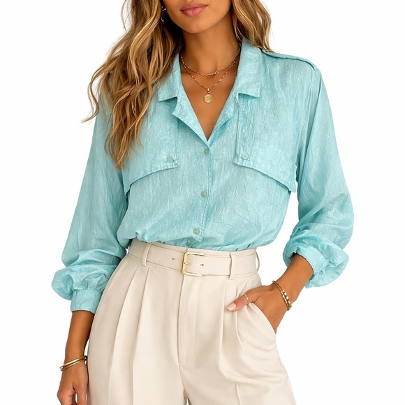 Diane Von Furstenberg Tops - Vintage Diane von Furstenberg Aqua Blue Button Up Crinkle Blouse DVF Top Size 6